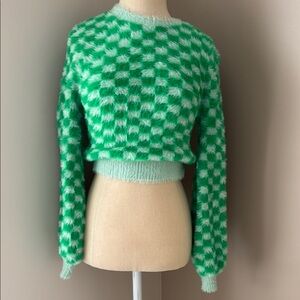 Green and White Crew Neck Checkered Sweater